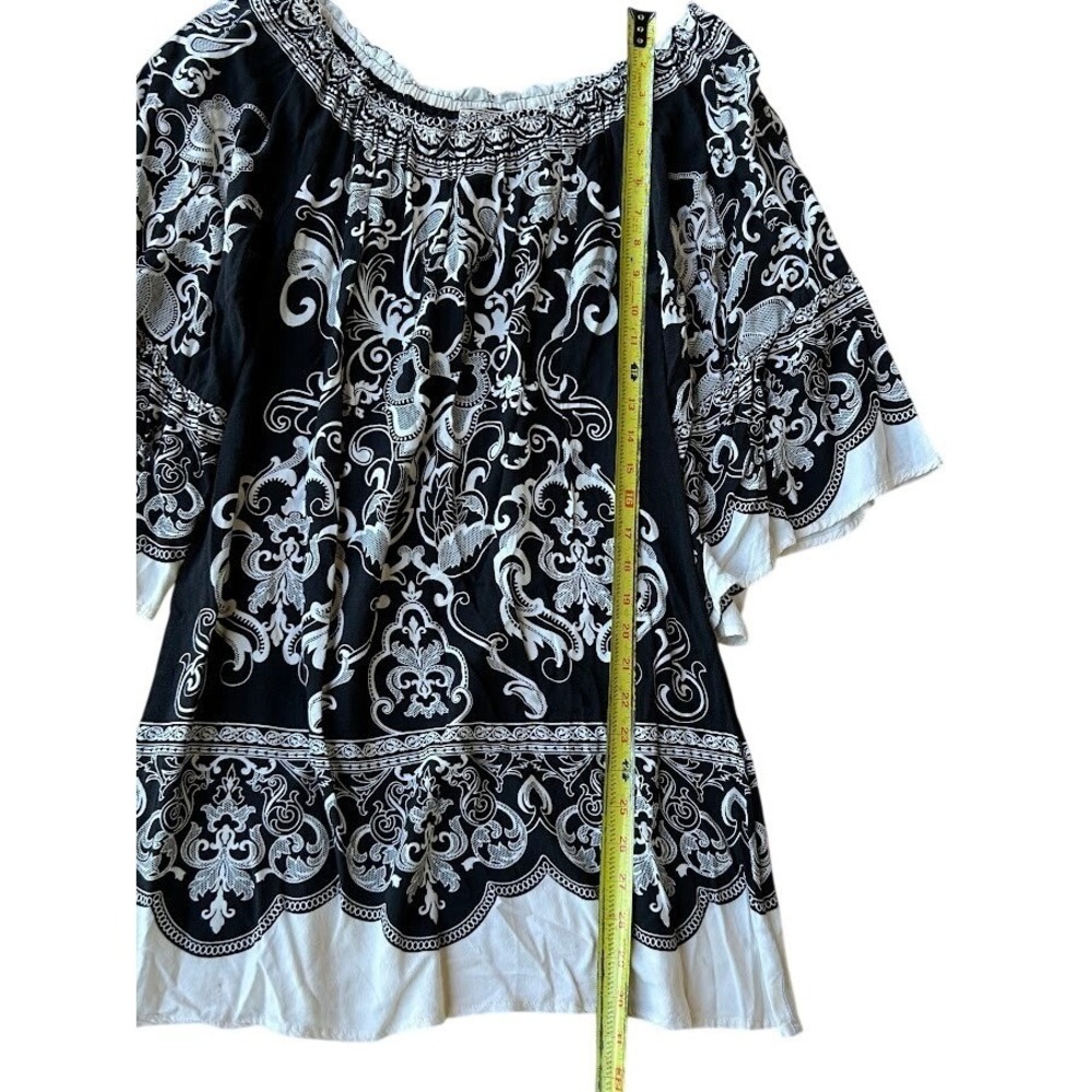 Flying Tomato Black White Damask Paisley Bell Sleeve Off Shoulder Tunic Top L - Picture 7 of 9